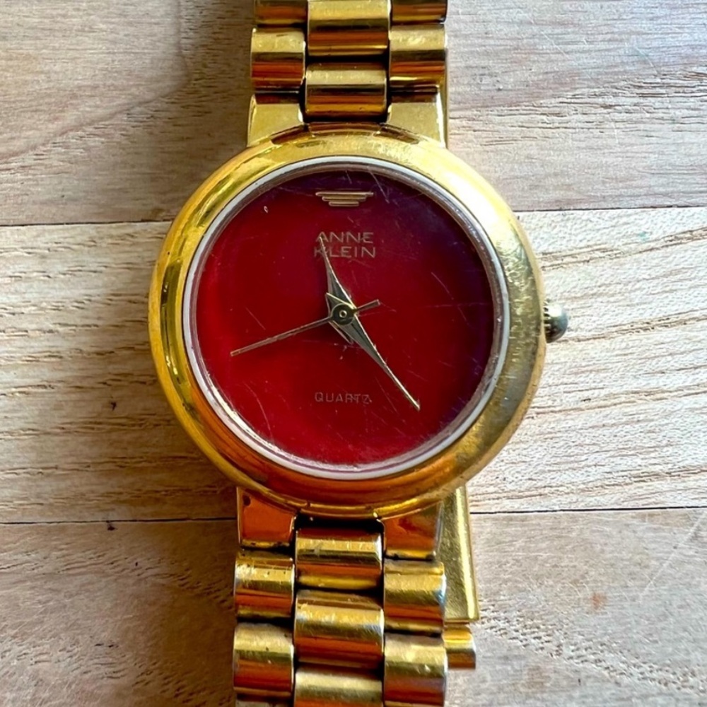Vintage style Anne Klein ladies red and gold tone dress watch NEW BATTERY